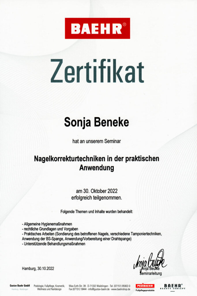 Zertifikat Nagelkorrekturtechniken Sonja Beneke